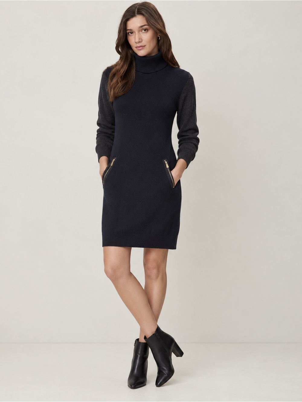 Ann Taylor Petite XS Colorblock Turtleneck Sweater Dress Zip Pockets Black Gray